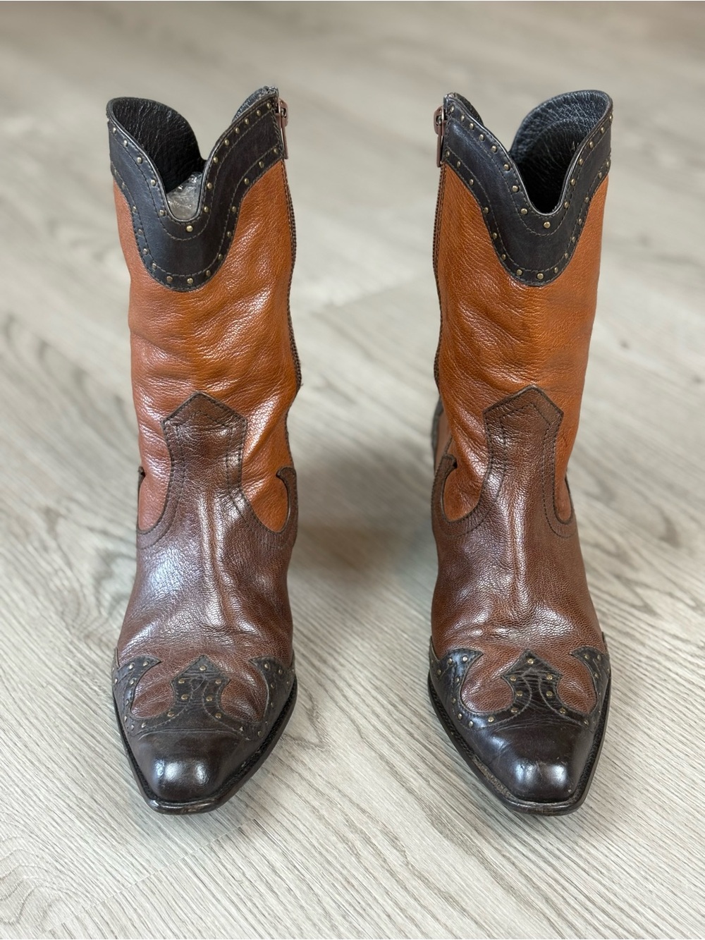 Stuart Weitzman Two-Tone Brown and Tan Western Lace-Up Boots